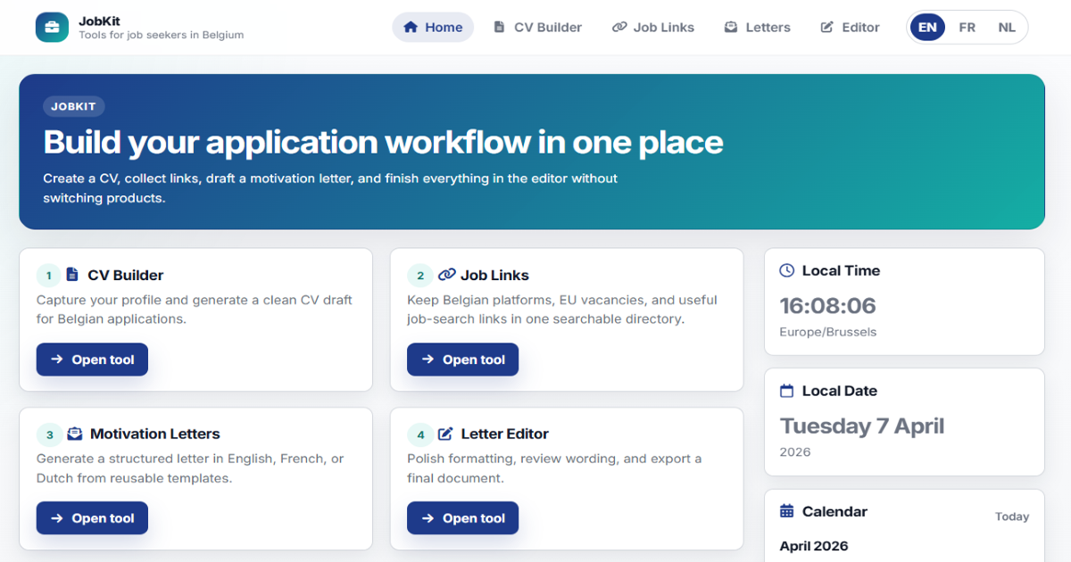 JobKit application toolkit for job seekers in Belgium 2026
